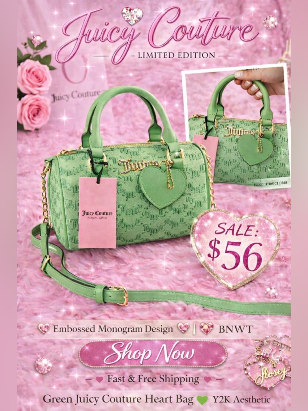 Juicy Couture Green Heart Barrel Bag 💚 Y2K  | BNWT | Rare!✨